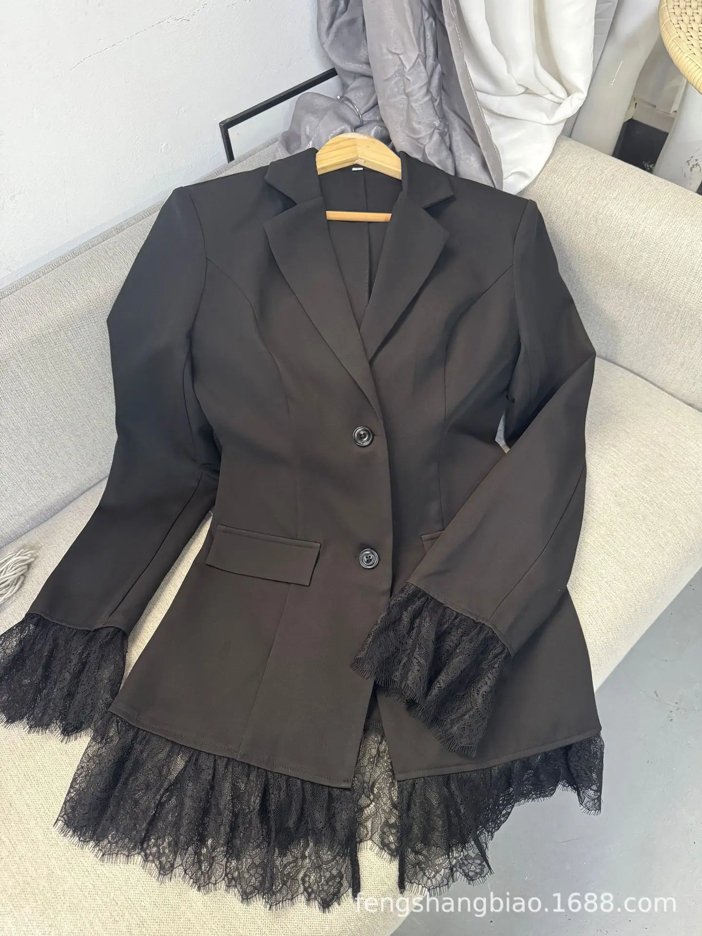 سترة نسائية HZXVic بجيوب على شكل طية صدر السترة وأزرار للعمل والمكتب سترة طويلة مع خياطة من الدانتيل في الحاشية