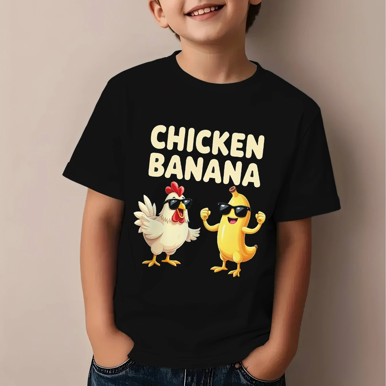 Hot Trend Graphic Children T-Shirt Funny Chicken Banana Printed T-shirt Fashion Casual Tops Funny Chicken Banana Kids Clothes