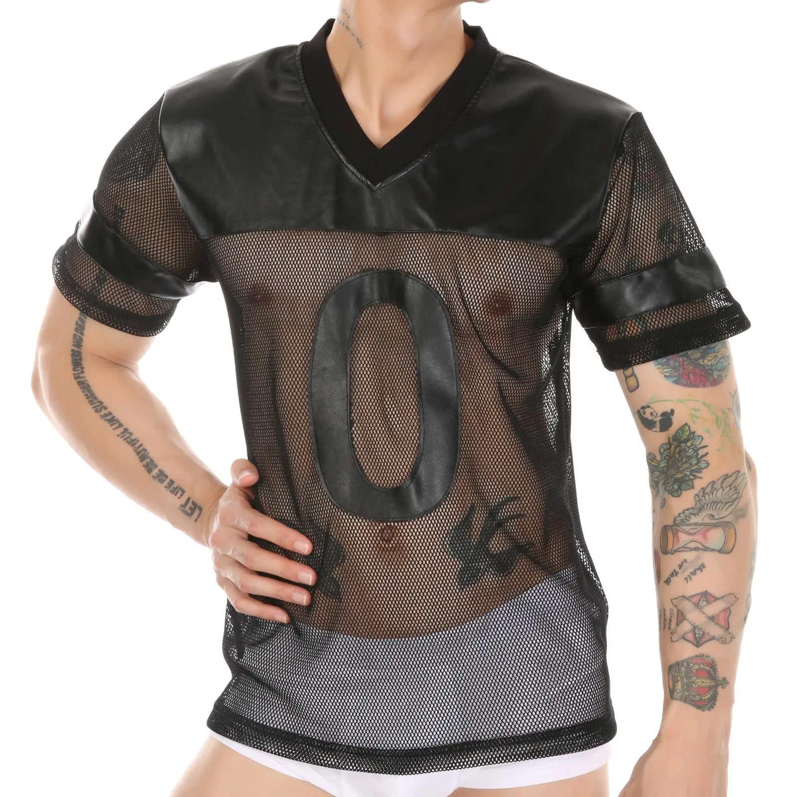 Men's Simulated Leather T-shirt Breathable Running Mesh Patchwork Casual Sports V-neck T-shirt Fishnet Short Sleeve Sportswear