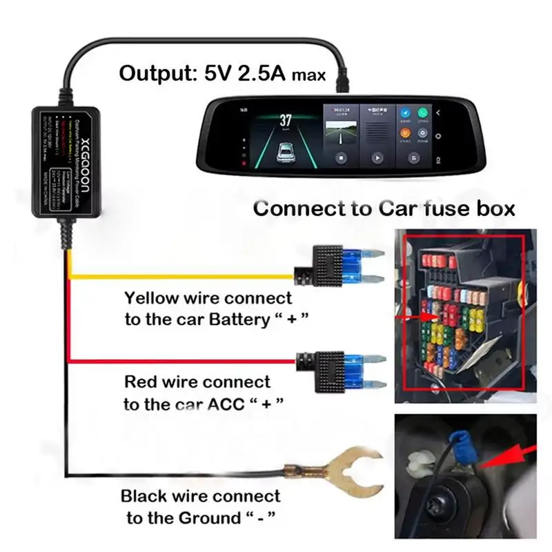 Dash Cam Hardwire Kit 12V-24V to 5V 2.5A USB C Hardwire Kit Car Dash Camera Charger Fuse 3-Core Kit Power Cord for Automotive