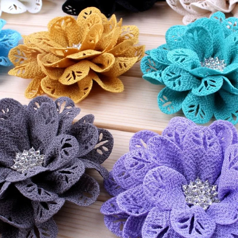 

120pcs/lot)3.8" 12 Colors Hair Clips Fabric Flower For Cute Kids Hollow Out Leaf Shiny Gem Flowers For Headband DIY Wholesale