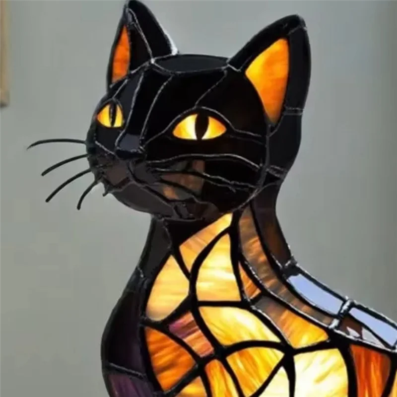 ABKP-Retro Stained Glass Cat Lamp 3D Stained Resin Cute Tabletop Pet Led Table Light Home Bedroom High Quality