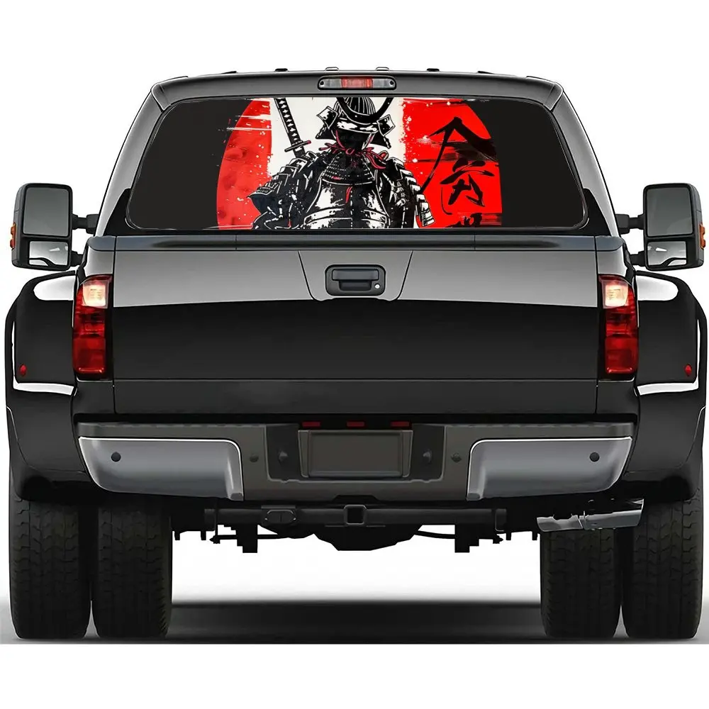 

Японский самурай, красное солнце, наклейка на заднее лобовое стекло автомобиля, окно грузовика, прозрачная перфорированная виниловая наклейка на заднее окно, украшение, подарок