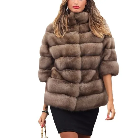 

Модная коричневая женская зимняя эко-меховая верхняя одежда с воротником-стойкой в клетку с половиной рукава, женская норковая куртка, теплая женская шуба средней длины