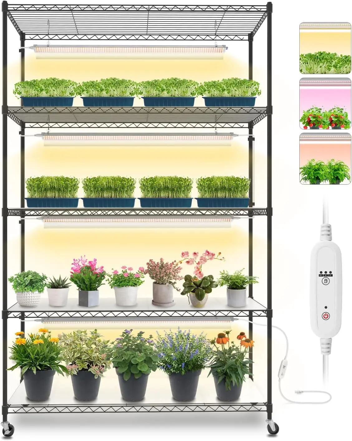 Plant Shelf with Grow Lights, 5 Tier Large Tall Plant Stand with 3FT T5 144w Grow Light for Indoor Plants, 3 Mode Full Spectrum