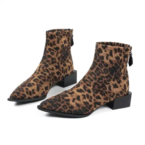 Fleece Lined Women Ankle Boots Leopard Print Pointed Toe Short Boots Retro Ladies Autumn Winter Zipper Thick Heels Botas Mujer