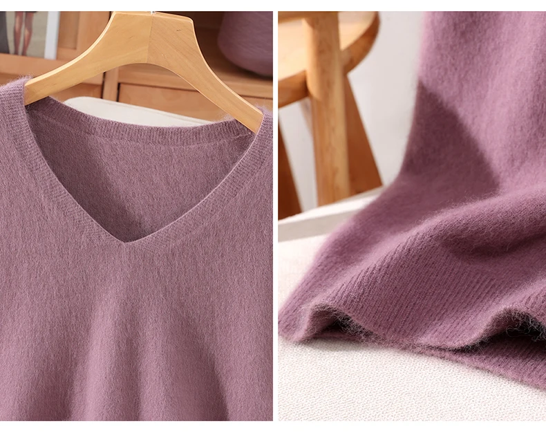 Damen 100% Reiner Nerz-Kaschmir V-Ausschnitt Pullover T-Shirt Einfarbig Gestrickt Modisch Vielseitig Kurzärmeliger Pullover – Detail 29