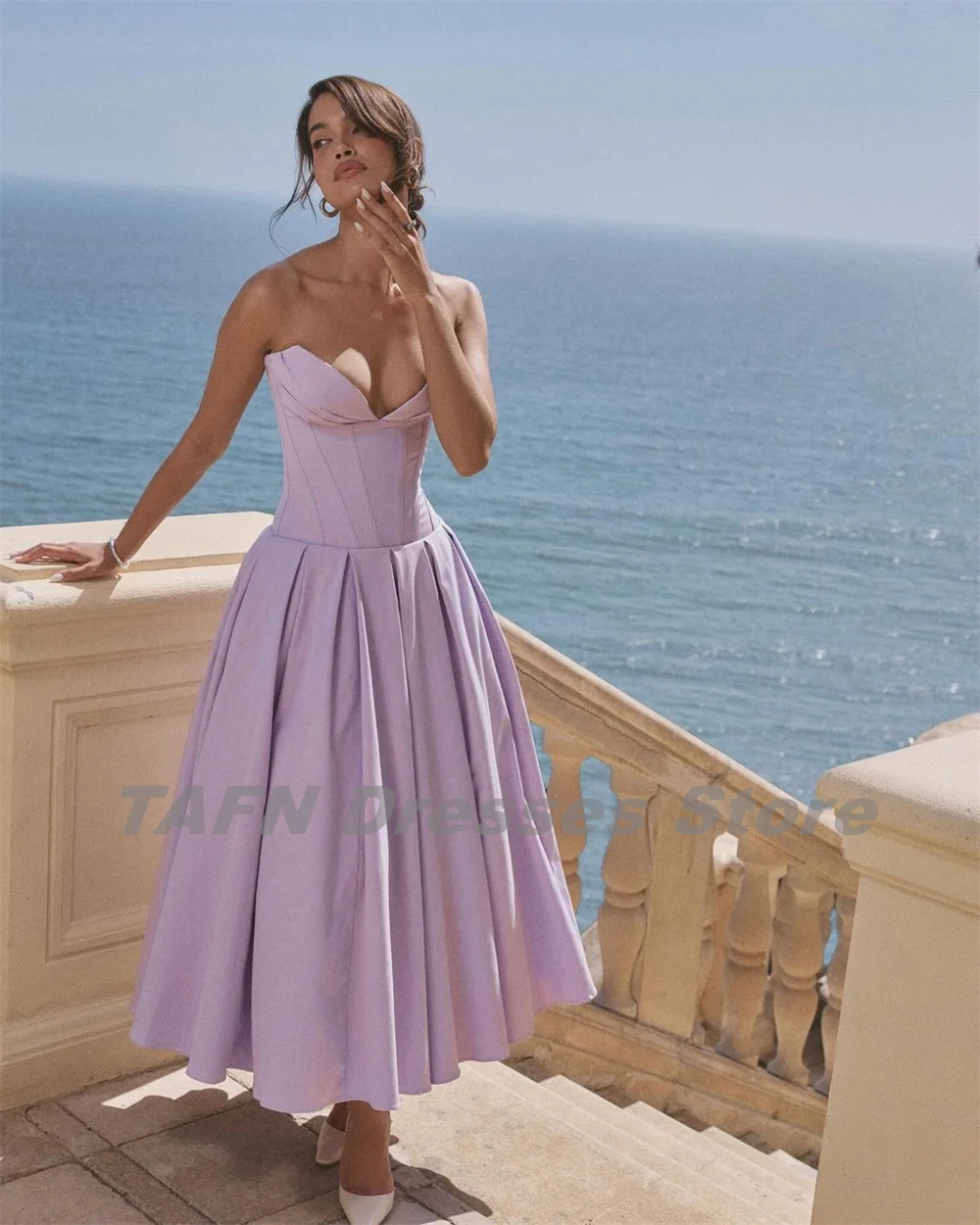 Tafn Licht Violet Avondjurken V-Hals Strapless A-Lijn Gedrapeerde Prom Feestjurk Elegante Enkellange Vestidos De Noche