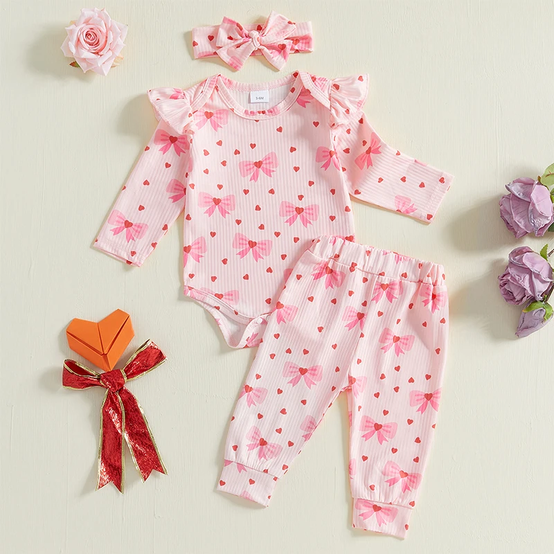 

Infant Girls 3-Piece Outfit Set with Flutter Sleeve Romper Heart Print Pants and Bow Headband for a Stylish Look