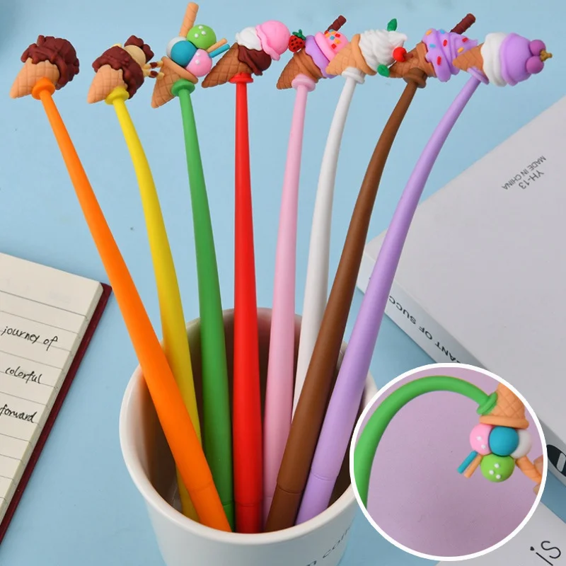8pcs Flexible Bendable Ice Cream Topper Ballpoint Pen Random Style Assorted Bright Color Pen Body Smooth Writing Neutral Pen