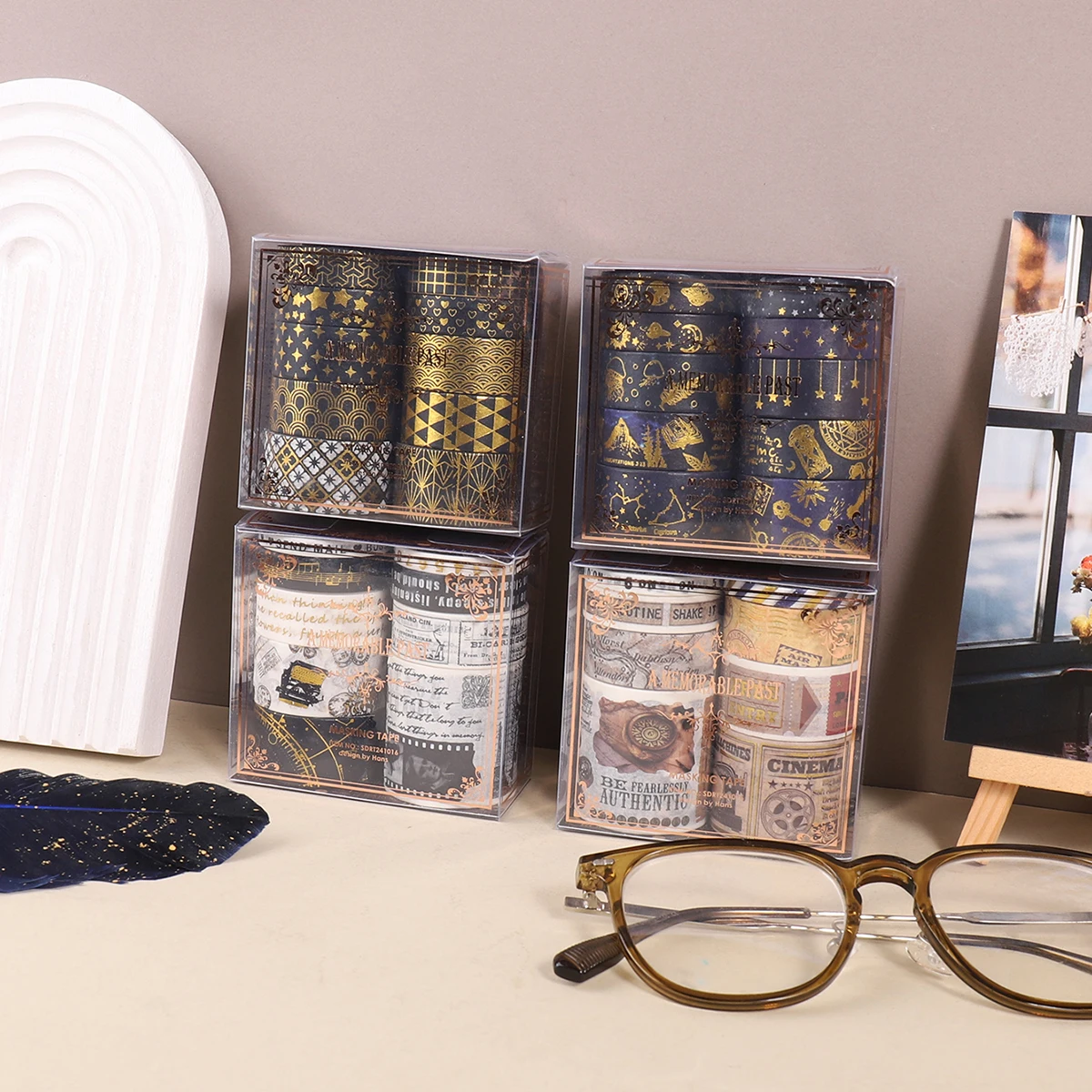 1박스 절묘한 금박 와시 테이프 세트, 다양한 패턴이 있으며 DIY 수제 일기 및 카드 장식에 적합합니다.