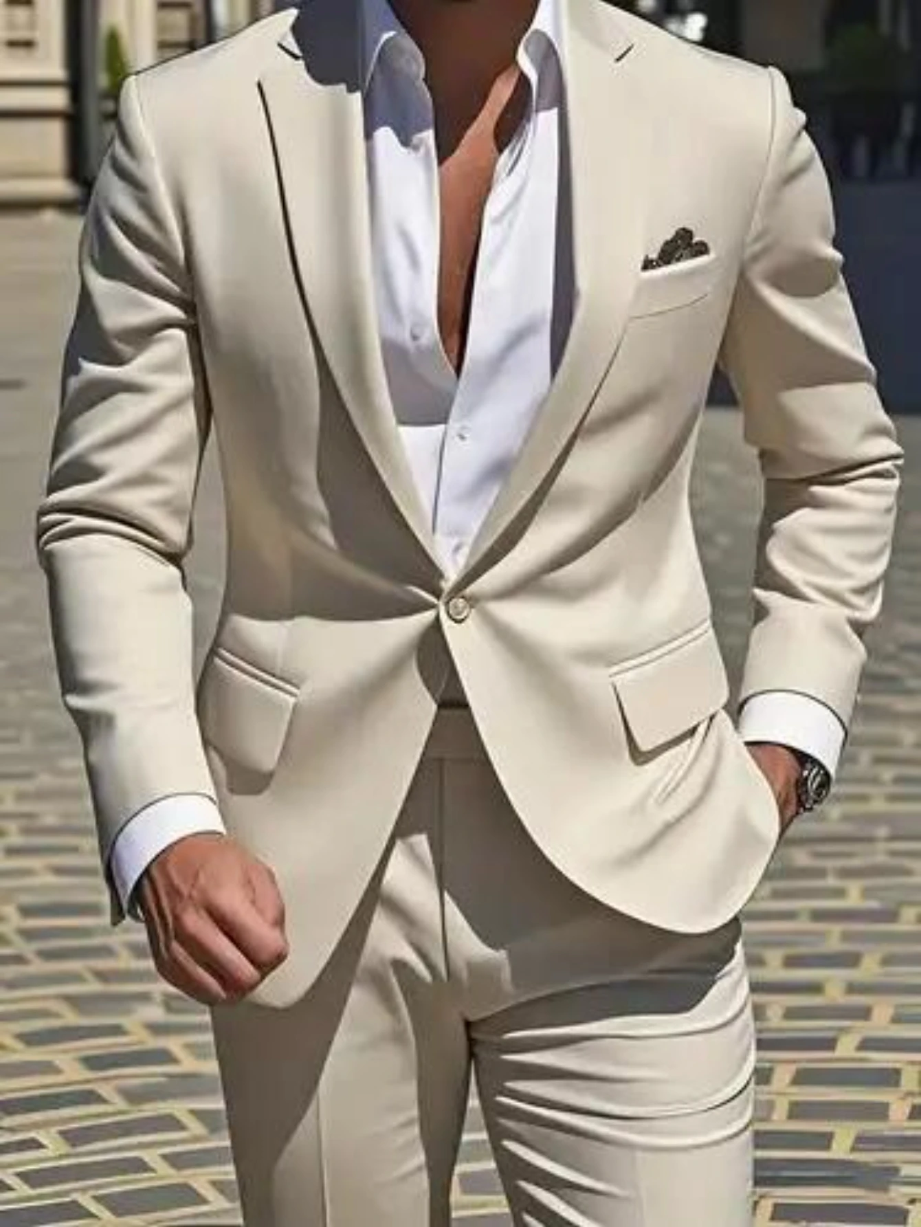 

New Beige Business Men Suit Groom Groomsman Wedding Party Prom Formal Occasion Male Tuxedos 2 Piece Set Blazer Pants
