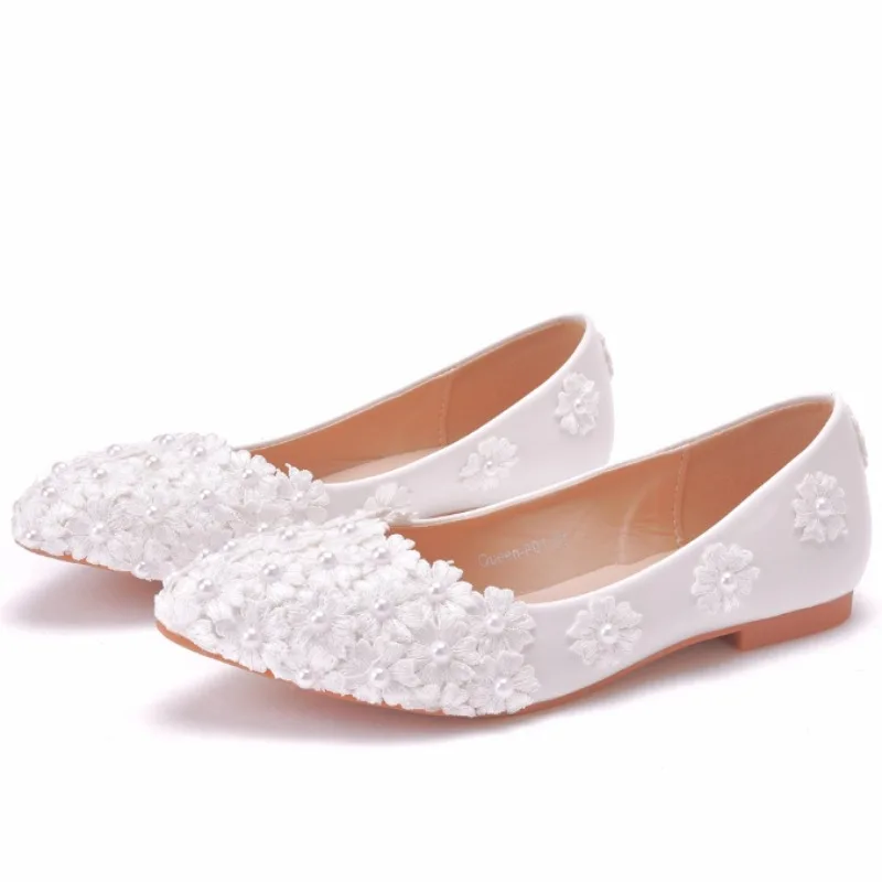 

Размер 43, туфли на плоской подошве с острым носком, женские белые кружевные свадебные туфли без шнуровки, повседневные дышащие балетки, удобные лоферы на каждый день