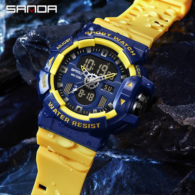 Fashion Sanda Men Sport Wrist Watch Yellow Blue Quartz Waterproof Dual Led Display Military Male Clock Watches Relogio Masculino