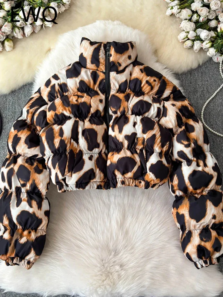 EWQ Streetwear Leopard Print Cotton Coat Women Winter Stand Collar Zipper Contrast Color Jackets 2024 New Clothing 27X1691