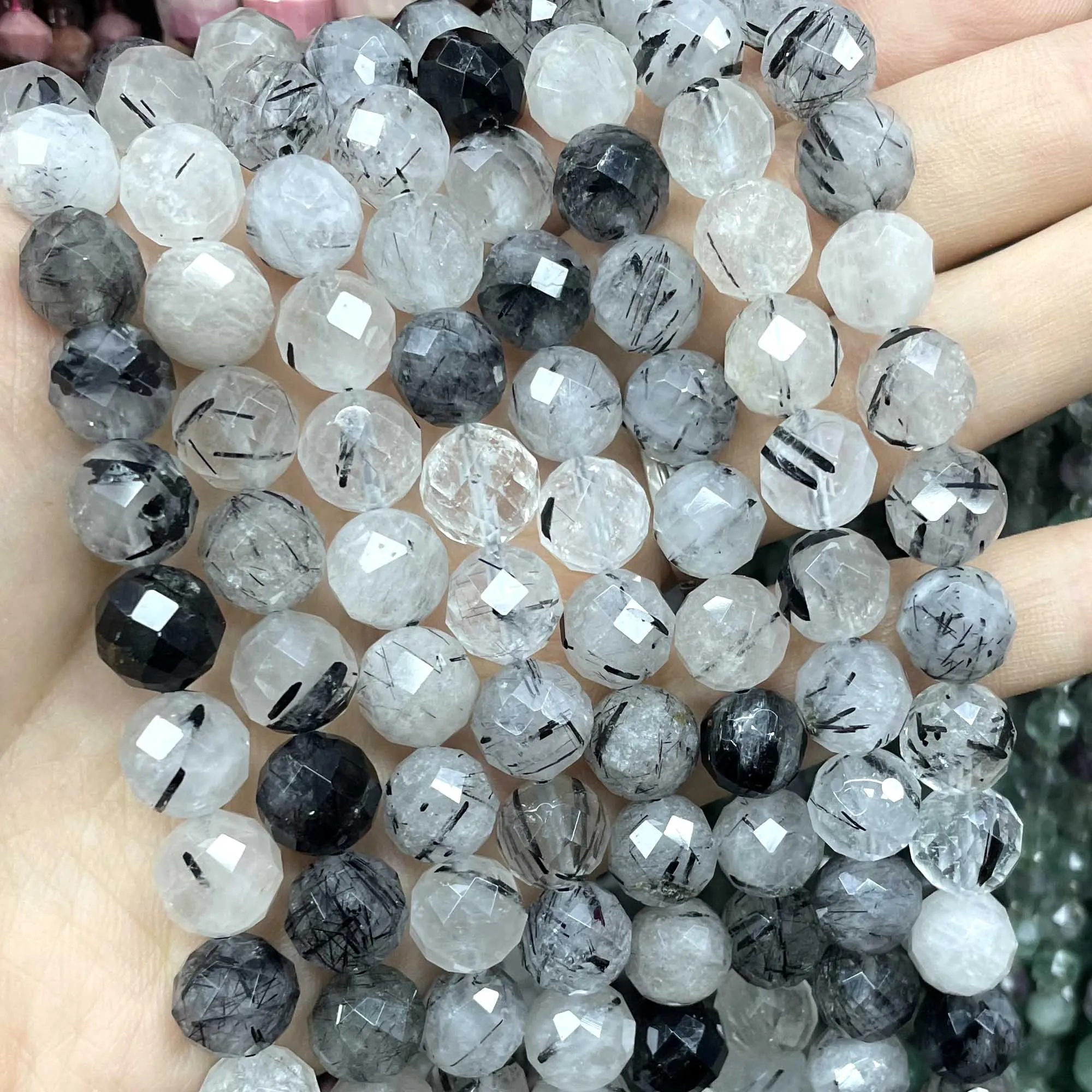 6/8/10MM Natural Stone Faceted Black Rutilated Quartz Round Gemstone Spacer Beads For Jewelry Making DIY Accessories 7.5\'\'inches