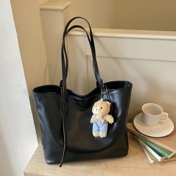 Beige Black Blue Pink Yellow Large Capacity Soft Tote Bag PU Leather Casual Shoulder Purse Phone Handbag for Women Work Commute