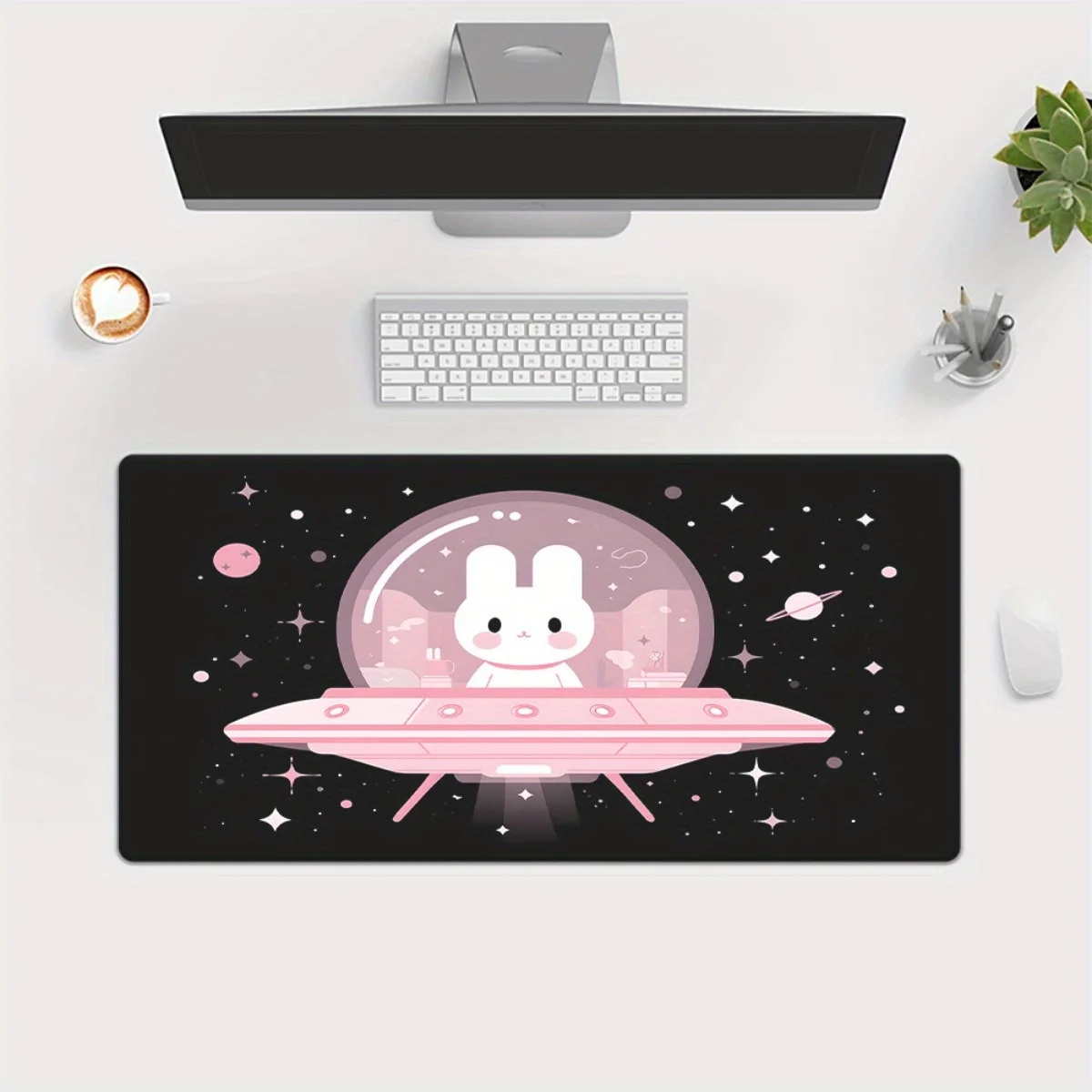 Cute Rabbit in Pink UFO Space Theme XXL Gaming Mouse Pad Non-Slip Rubber Desk Mat for Computer PC Laptop Office