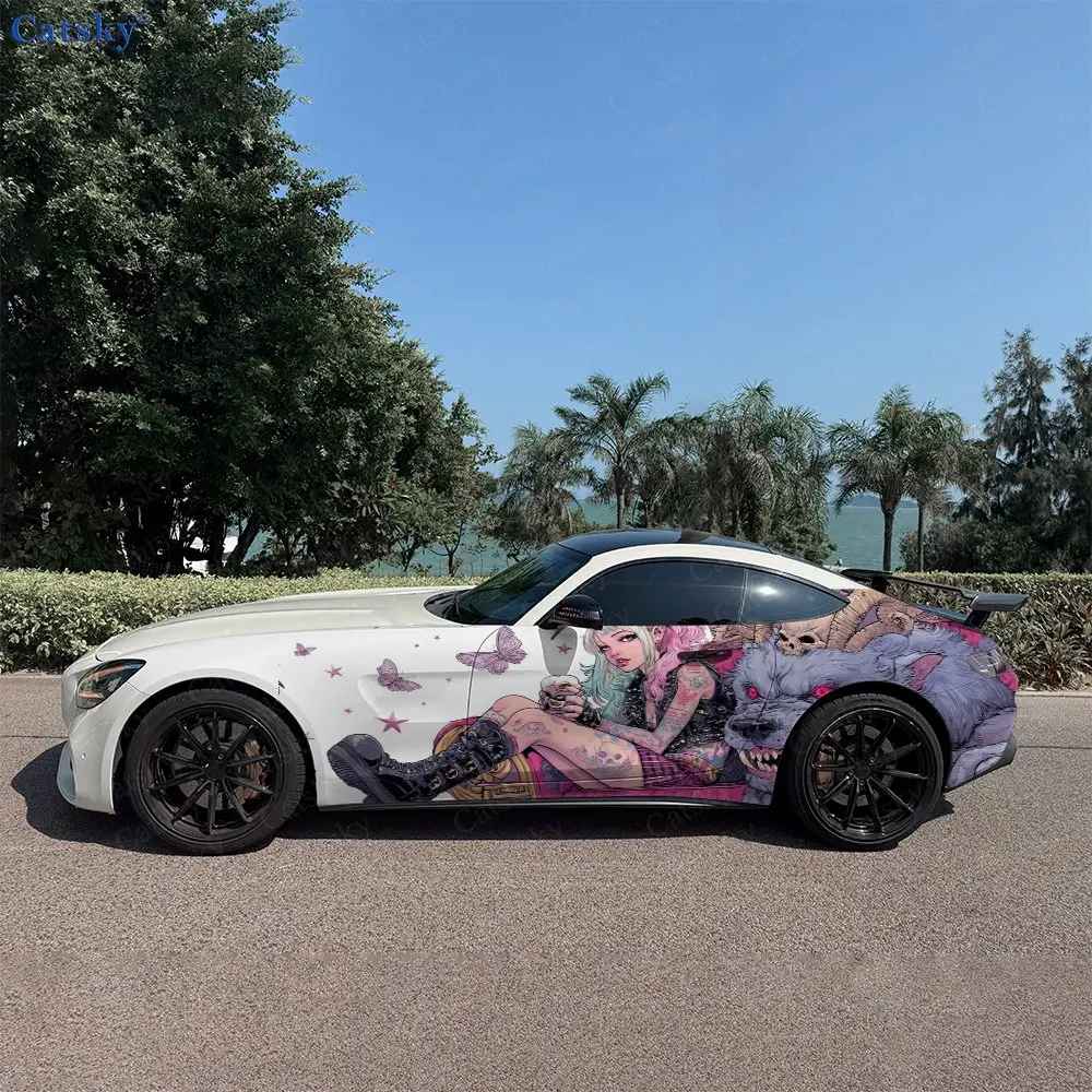 

Demon Punk Girl & Warcraft Car Side Wraps, Self-Adhesive PVC Waterproof & Scratch-Resistant Stickers, Car Accessory Gift