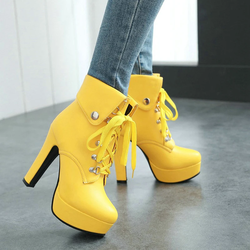 Fashion women\'s short boots super high heel platform thick heel boots rivet  size ankle boots