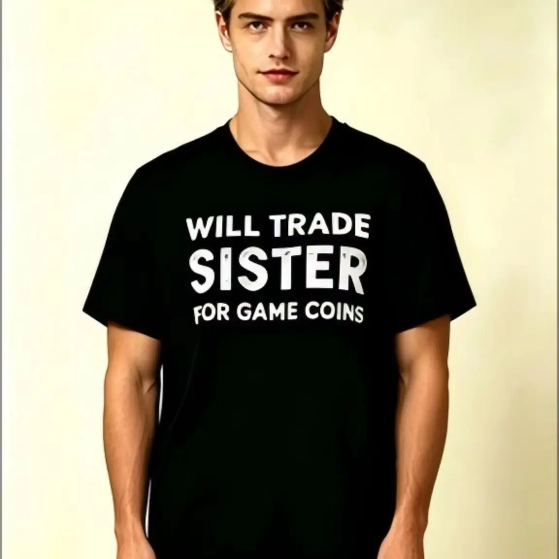Vintage Funny Game Meme Graphic Tee, Will Trade Sister For Game Coins Slogan Short Sleeve, Teen Unisex Casual Gaming Streetwear