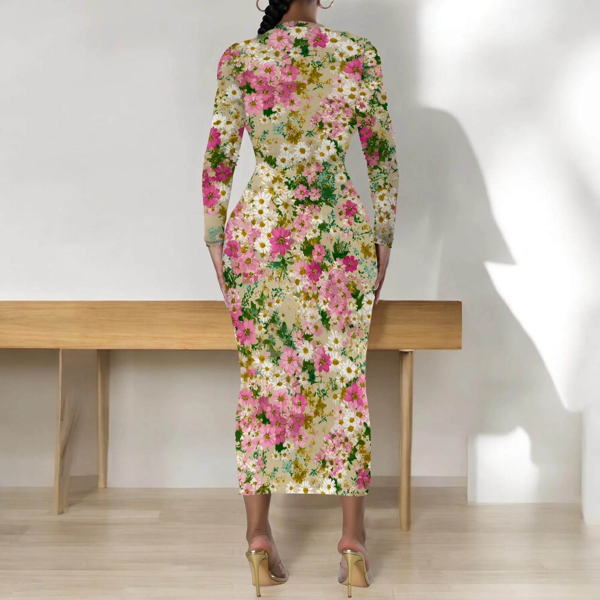 ผู้หญิง Wrap Dresses ฤดูใบไม้ร่วงลําลองแขนยาวพิมพ์ลายดอกไม้ถักเซ็กซี่ Bodycon ชุดราตรีค็อกเทลปาร์ตี้ชุด Midi