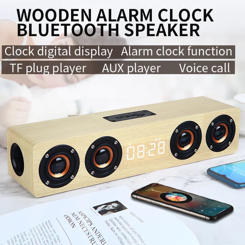 Wooden Bluetooth Speaker Alarm Clock Multi-function Wireless Subwoofer TV Soundbar Home Theater Column for Computer Speakers FM