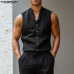 INCERUN Men Shirt Solid Color Stand Collar Sleeveless Button Casual Men Clothing Streetwear Summer 2024 Fashion Camisas S-5XL