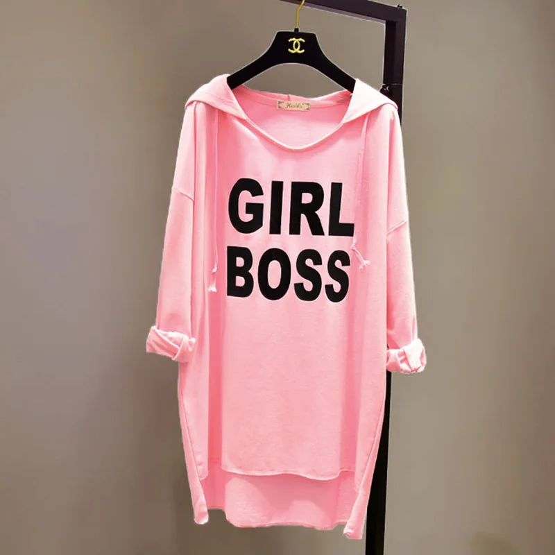 Fashion Letter Hooded Casual Irregular T-Shirts Female Clothing 2023 Autumn New Oversize Korean Tops Asymmetrical Tee Shirt