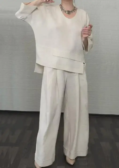 

Women's Long Pants Set Solid Color Round Neck Long Sleeved Casual Top&mid Waist Pocket Straight Leg Pants Two-Piece Set