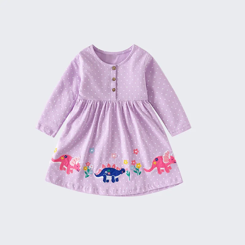

2025Dinosaur Embroidered Girls Dress2025Spring and Autumn Round Neck Open Chest Button Lace Children's Princess Dress Long Sleev