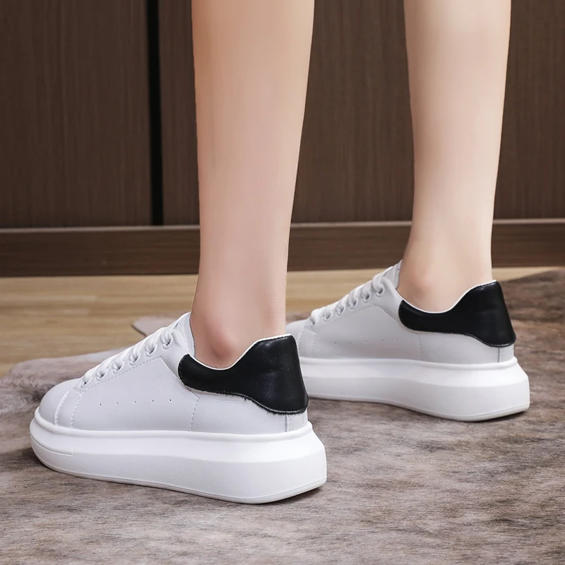 CXJYWMJL Genuine Leather Women Platform Sneakers Plus Size Spring Casual Vulcanized Shoes Ladies Thick Bottom Skate Shoes Woman