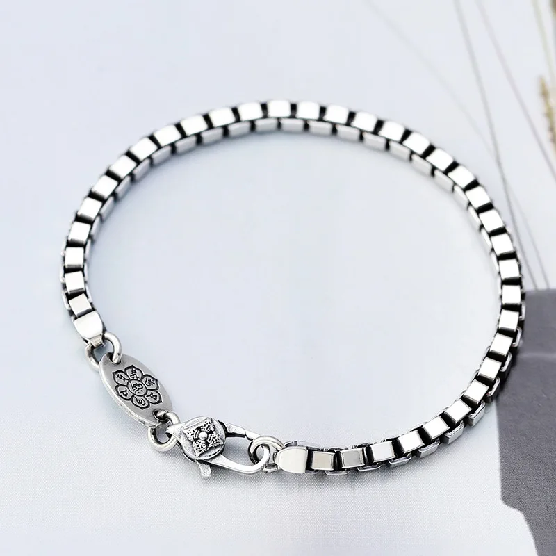 

s925 sterling silver fashion ornament Vajra Thai silver retro Korean type personalized men's six-word mantra box chain bracelet