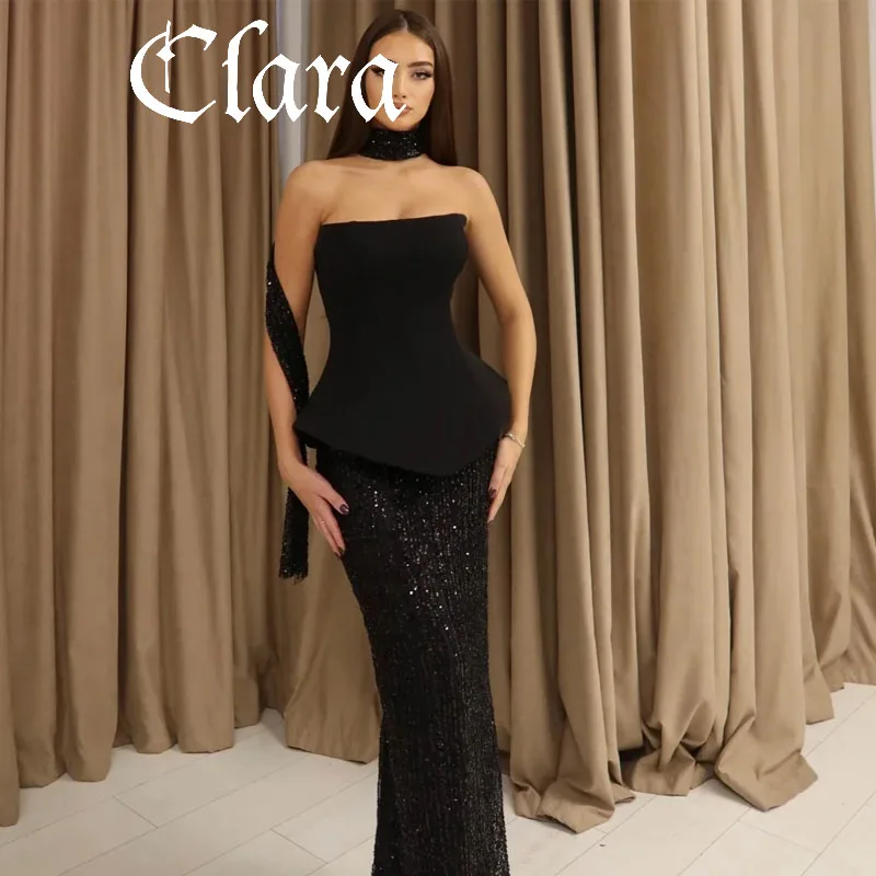 فستان سهرة من كلارا مخصص بالترتر الأسود بدون حمالات ووشحة من الساتان بطول الأرض بدون أكمام فستان زفاف 2025