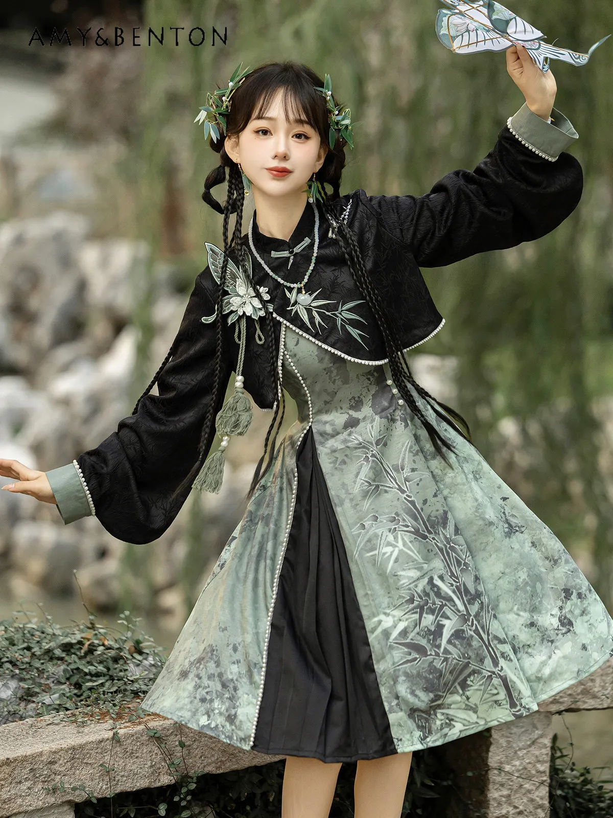 2026 Spring and Summer New Chinese Style Cute Girl Bamboo Print Short Suspender Dress Black Applique Coat Necklace Set