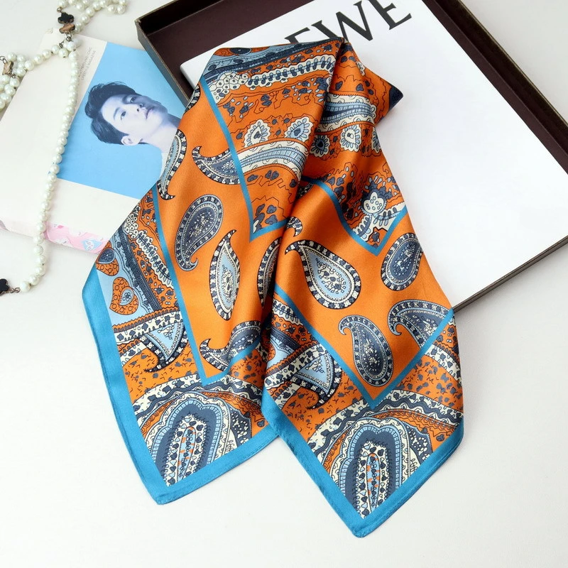 Spring/Summer Orange Imitation Silk Neckerchief Outdoor Decoration Wraps for Women 70*70cm Cashew Print Square Scarf