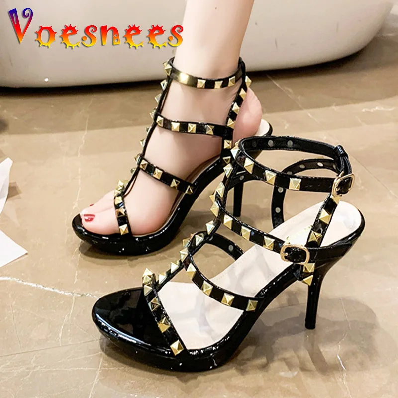 2023 Hot Sell Women Rivets Sandals Summer 10CM Stiletto Pumps Plus Size Fashion Wedding Shoes Cross Thin Band High Heels Black