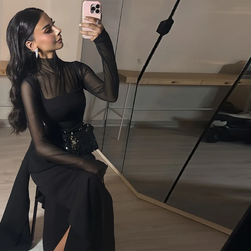 Stylish Lady Mesh See Long Sleeve Splicing Dress Elegant Evening Gown Women\'s 2026 New Luxury Boutique Club Party Dresses