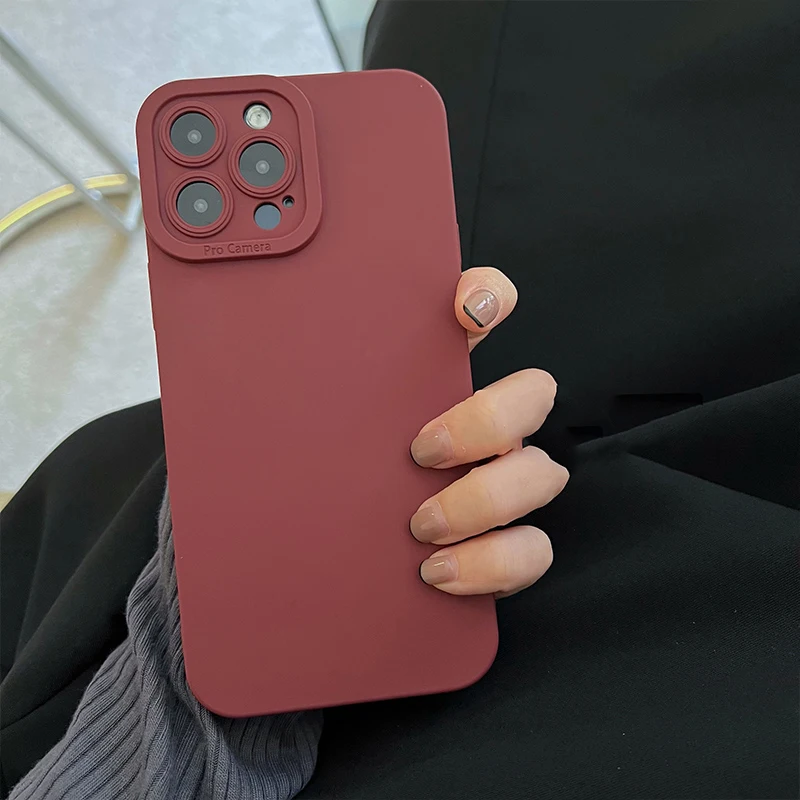 Wine Red Liquid Skin Silicone Phone Case For iPhone 17 Pro Max 16 15 13 14 12 11 Pro Max 16 Plus Soft Shockpoof Back Cover Shell