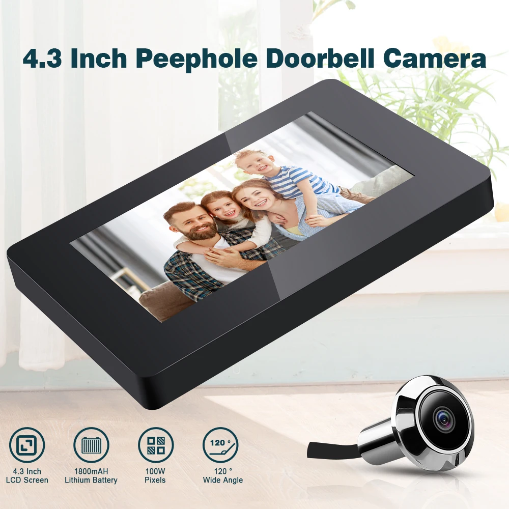 ELECTOP-Monitor de Vídeo Campainha Peephole, Casa Inteligente, 100W Pixels, LCD 120 °, Visualizador Cat Eye, Proteção de Segurança, 4,3"