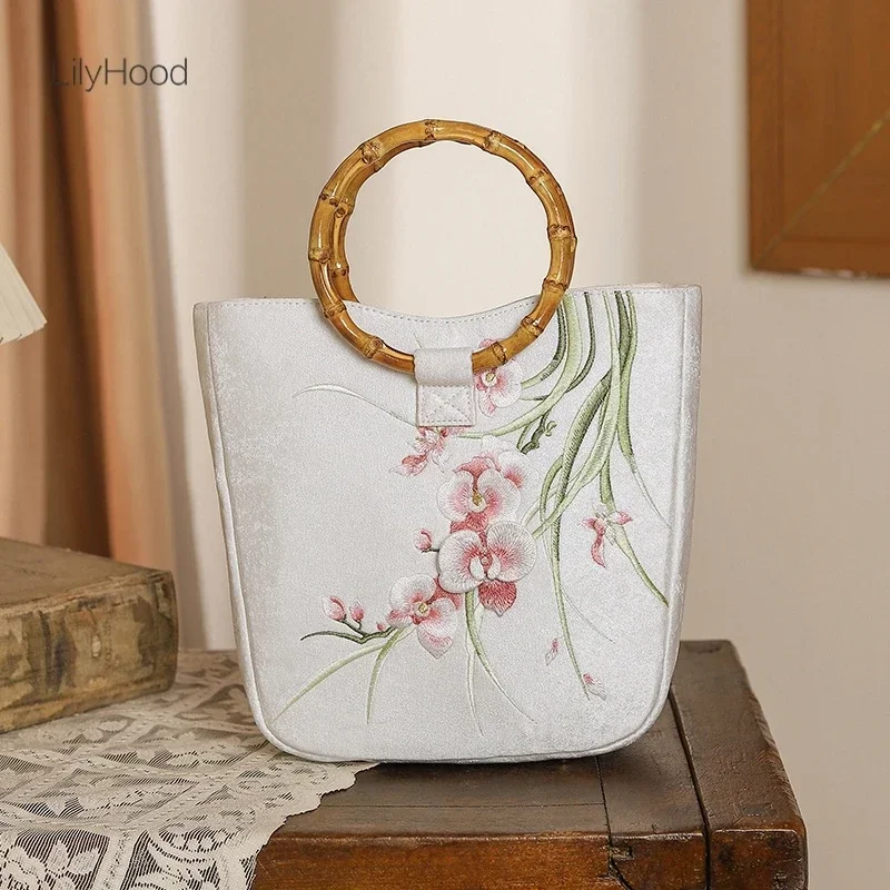 Women Vintage Floral Embroidery Fabric Big Capacity Bamboo Handle Handbag Cottagecore Chinese Evening Luxury Designer Tote Bag