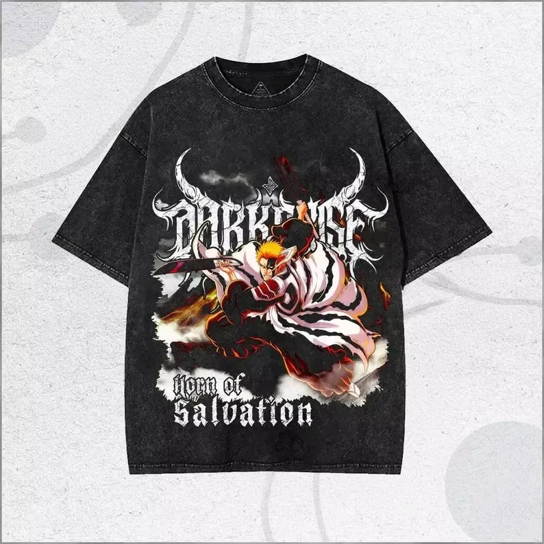 Hot Sale Anime Peripherals Summer New Tee BLEACH BANKAI Graphic Print T-Shirt Retro Washed Men Women Loose Casual Oversized Top
