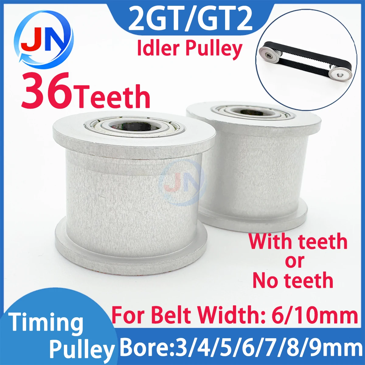 2MGT 2GT Idler 36Teeth Timing Pulley Bore 3/4/5/7/8/9mm with Bearing Black for GT2 Idler Synchronous belt Width 6/10mm 36T Idler