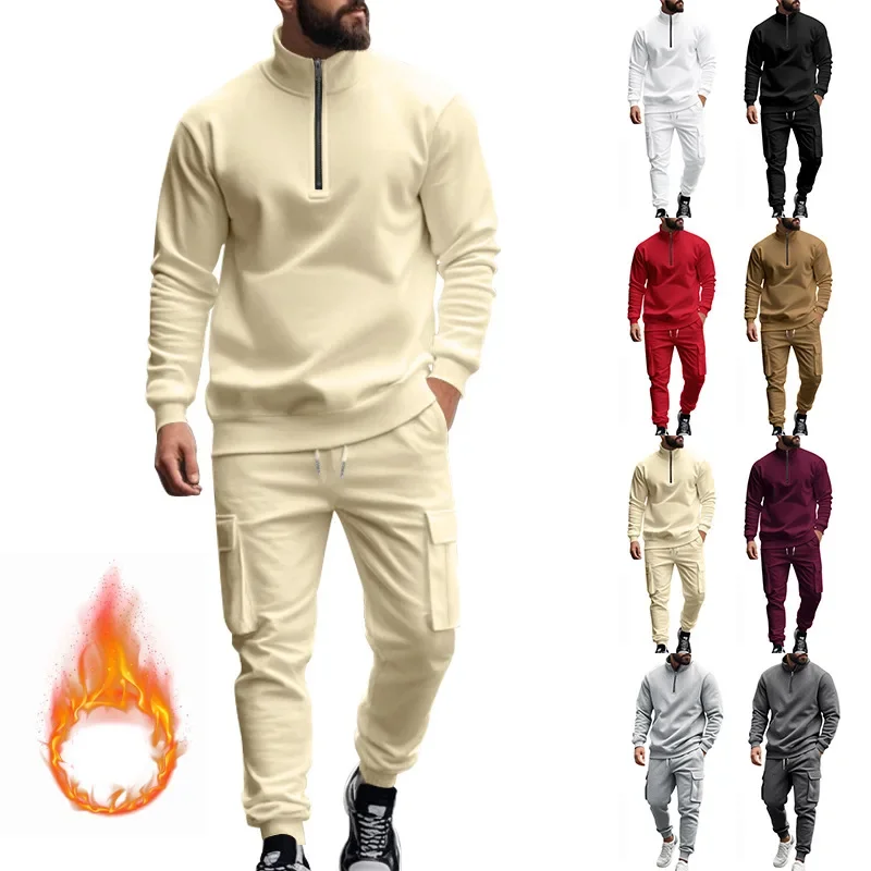 

Cross-border autumn and winter new American men's casual velvet thermal zipper men's tooling trousers set