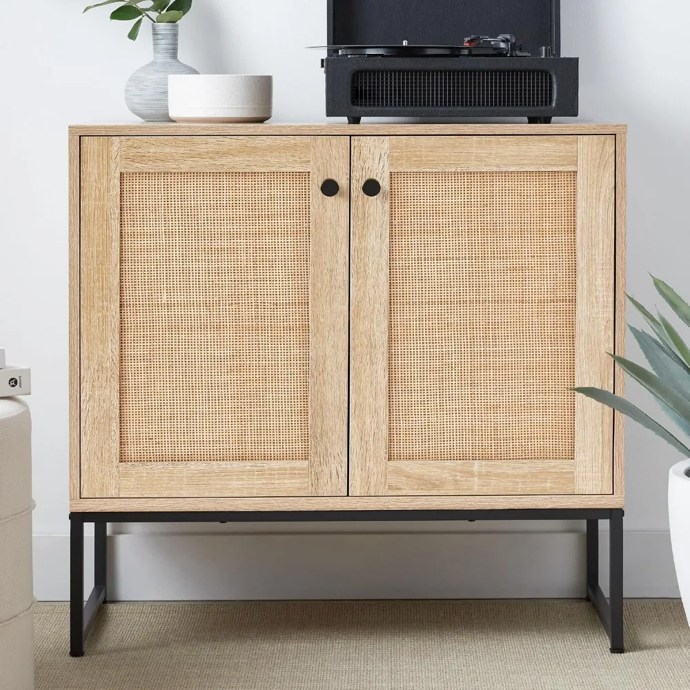 2-Door Rattan Storage Cabinet, Multifunctional Cupboard for Living Spaces with Non-Scratch Pads - Natural