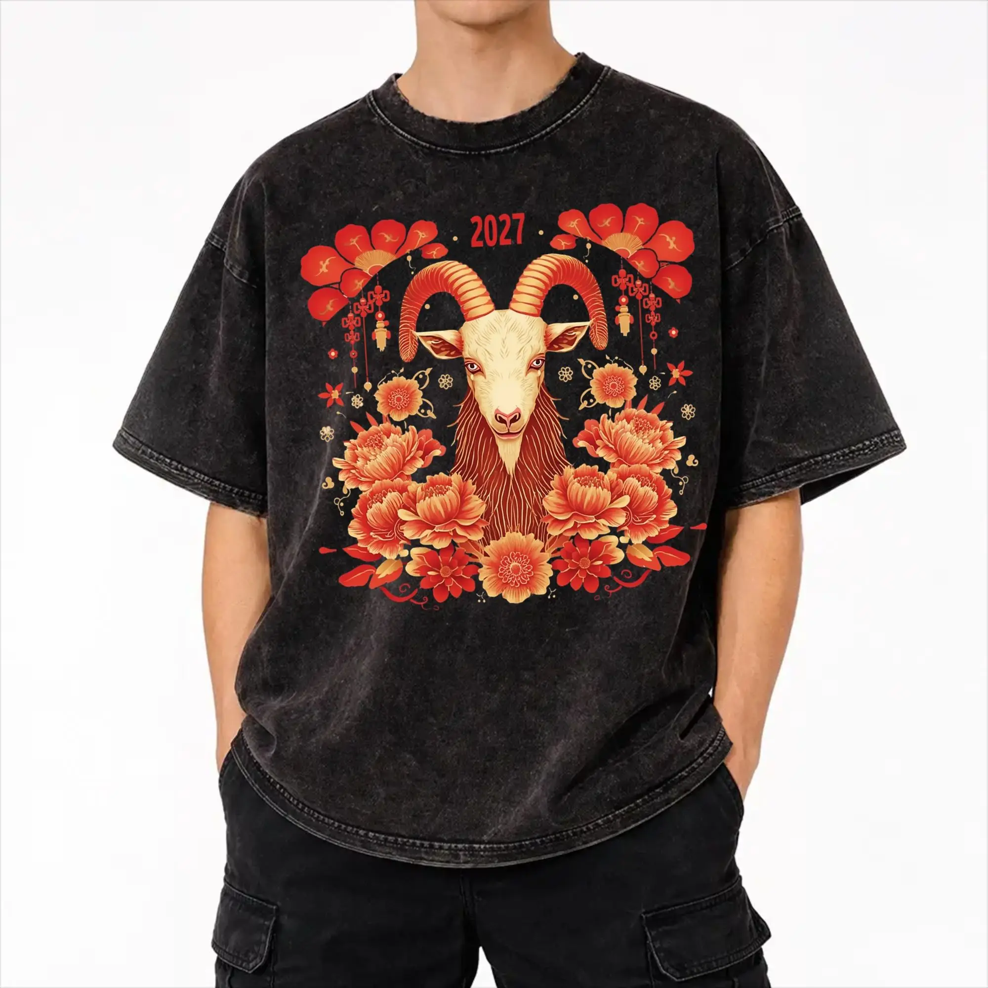 Chinese New Year 2027 years of sheep goat Washed T Shirts Streetwear Hip Hop Cool T-Shirts  Tees Tops Men Women Short Sleeve