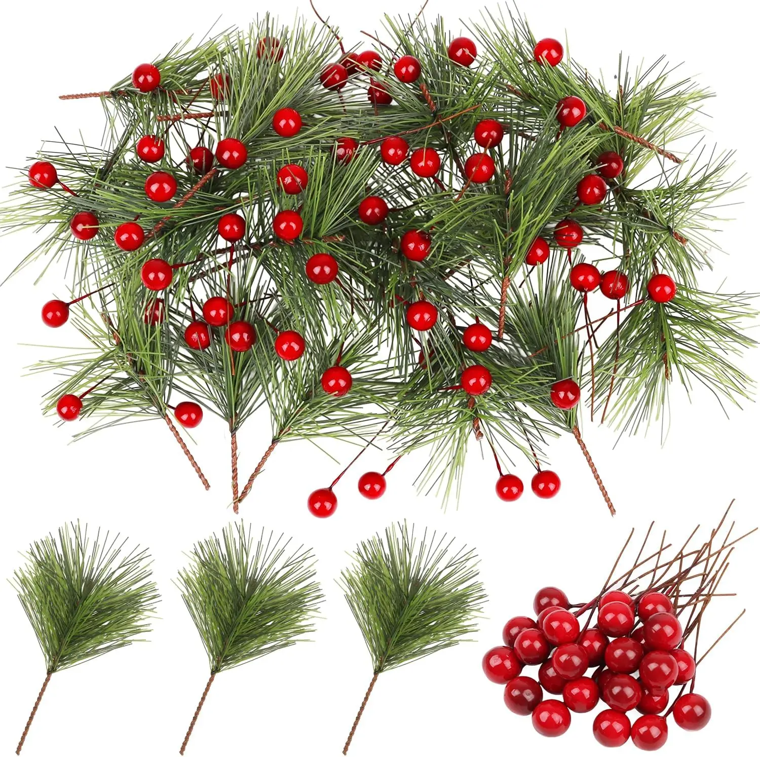 

96Pcs Artificial Green Pine Needles with Red Berries for Christmas Tree Garland & Wreath Decor