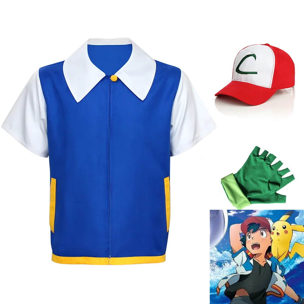 

Cosplay Anime Ash Ketchum Clothes Men Blue Jacket Costume Boys Girls Cosplay for Party Trainer Pokemon Cap Gloves Set