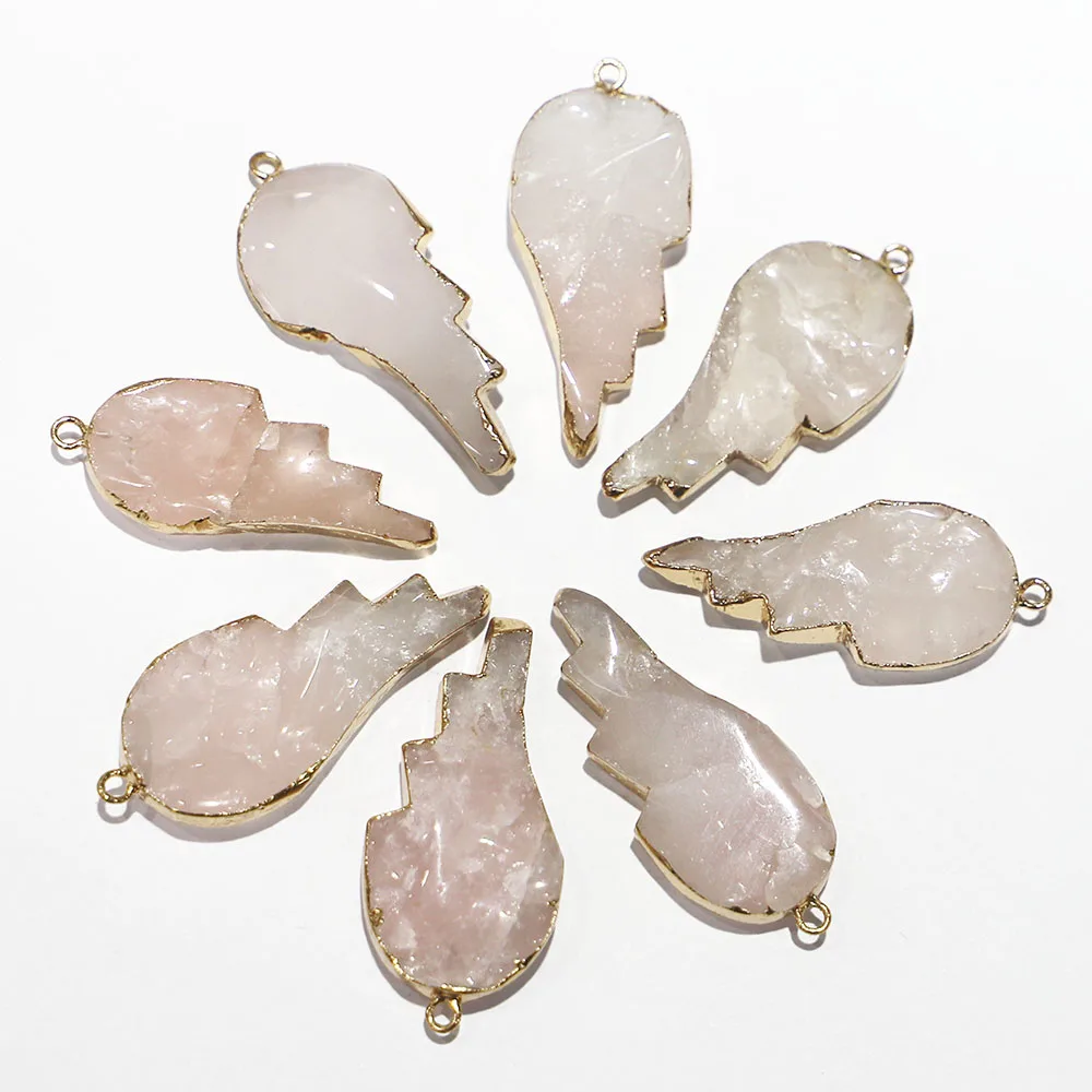 

Natural Rose Quartz Stone Leaf Gold Plated Necklace Pendant Reiki Charms Making Jewelry Accessories Wholesale 6Pcs Free Shipping