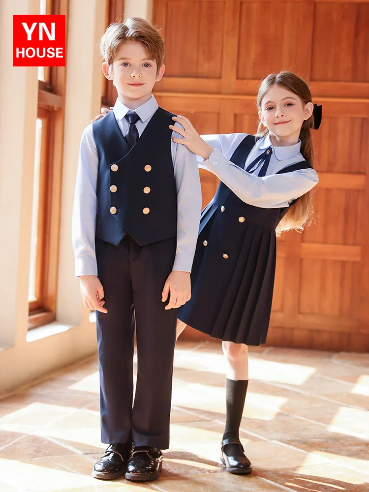 Kids Formal Double-breasted Vest Suit Set Boys Vest Pants And Girls Waistcoat Skirts School Uniform Children Student Dress Suits